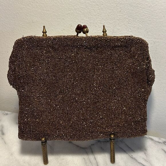 Elegant Brown Clutch Bag beaded with copper tiny beads made in Belgium - Picture 1 of 16